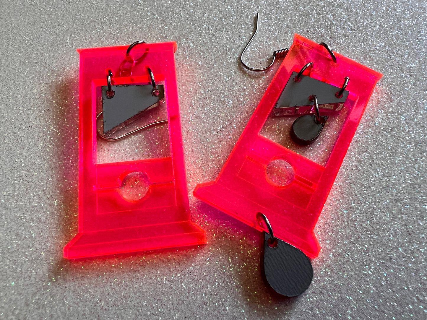 Neon Guillotine Earrings: Halloween, Scary, Horror, Execution, Death, Decapitation, Laser Cut Acrylic, Best Gifts for Her/Him/Them