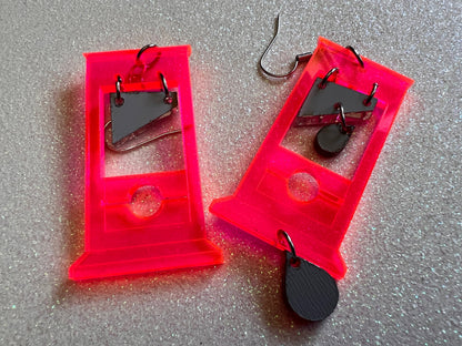 Neon Guillotine Earrings: Halloween, Scary, Horror, Execution, Death, Decapitation, Laser Cut Acrylic, Best Gifts for Her/Him/Them