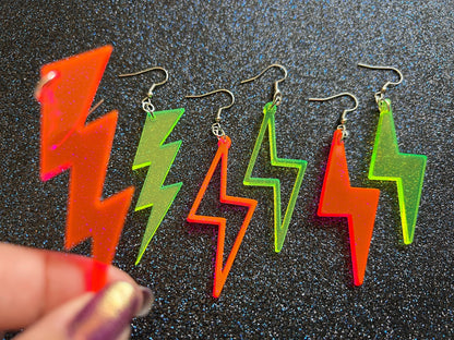 Neon Lightning Earrings: Laser Cut Acrylic Lightning Bolt Earrings, Stormy Weather, Electric, Nature, Climate, Best Gifts for Her/Him/Them