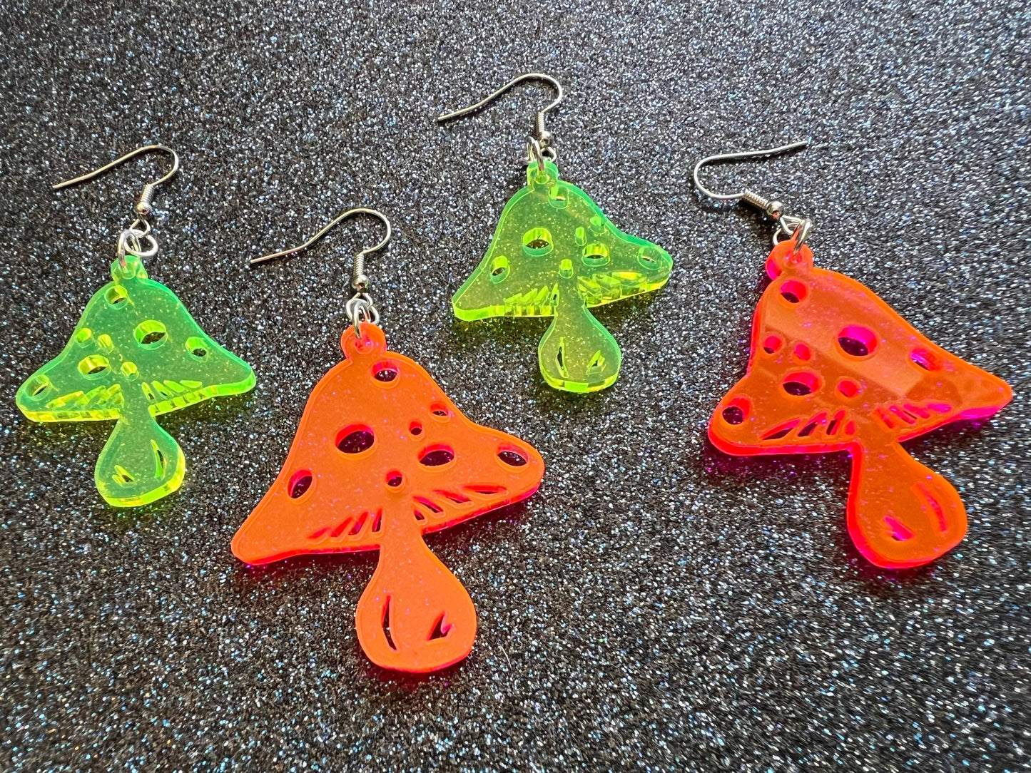 Neon Mushroom Earrings: Amanita Mushies, Party, Mycology, Psychedelic Mushroom Jewelry, Laser Cut Acrylic, Best Gifts for Her/Him/Them