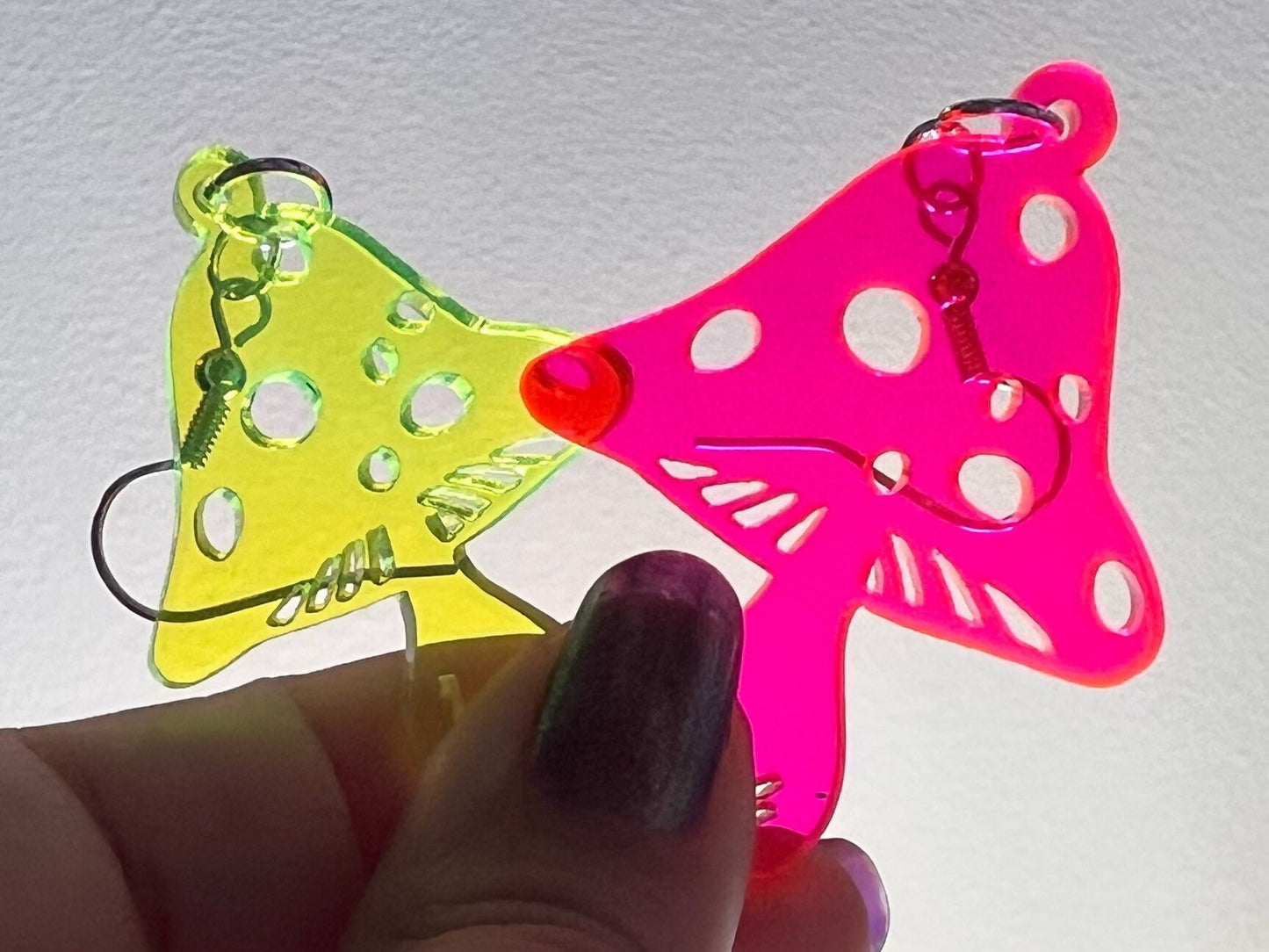 Neon Mushroom Earrings: Amanita Mushies, Party, Mycology, Psychedelic Mushroom Jewelry, Laser Cut Acrylic, Best Gifts for Her/Him/Them