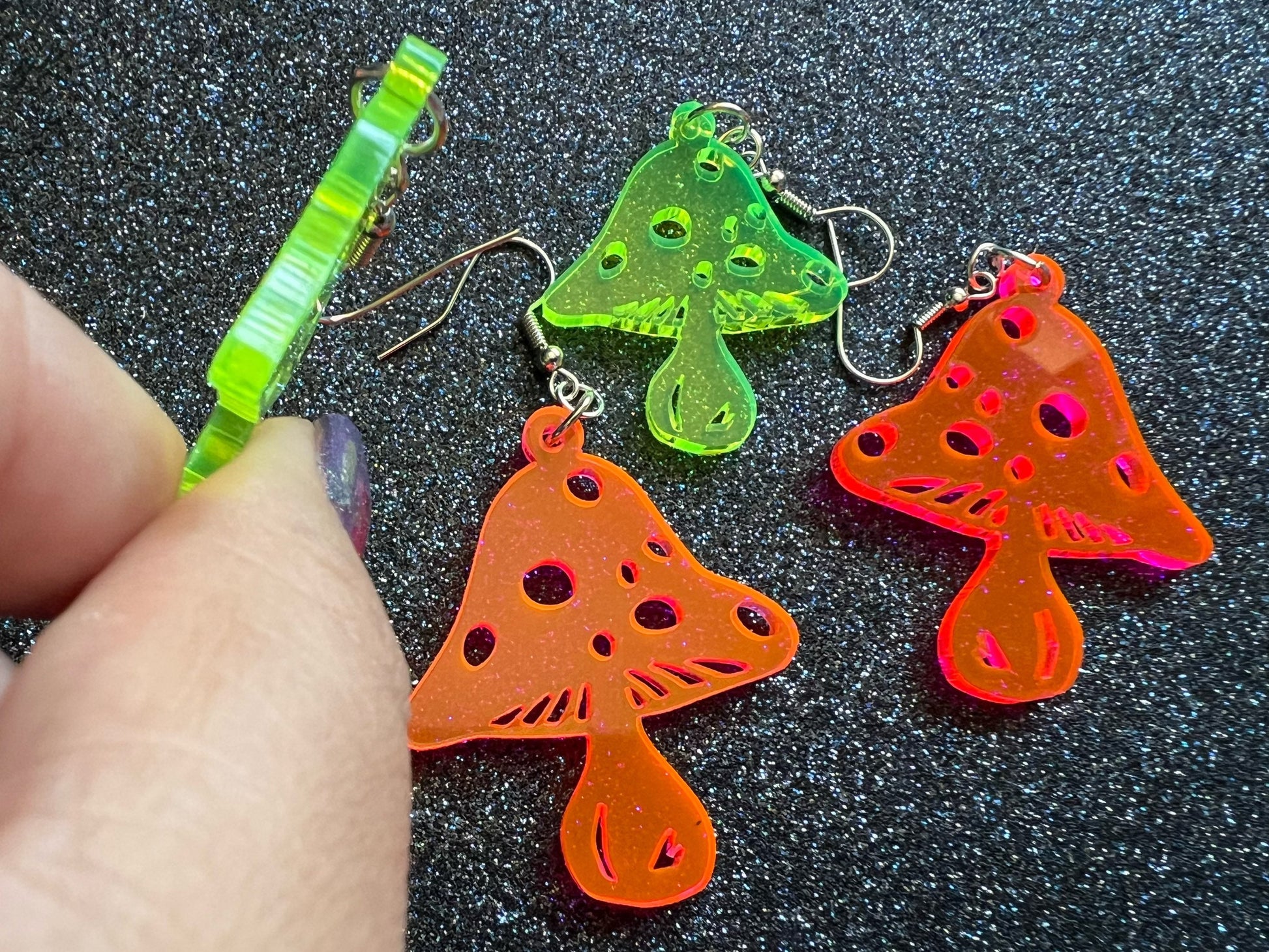 Neon Mushroom Earrings: Amanita Mushies, Party, Mycology, Psychedelic Mushroom Jewelry, Laser Cut Acrylic, Best Gifts for Her/Him/Them