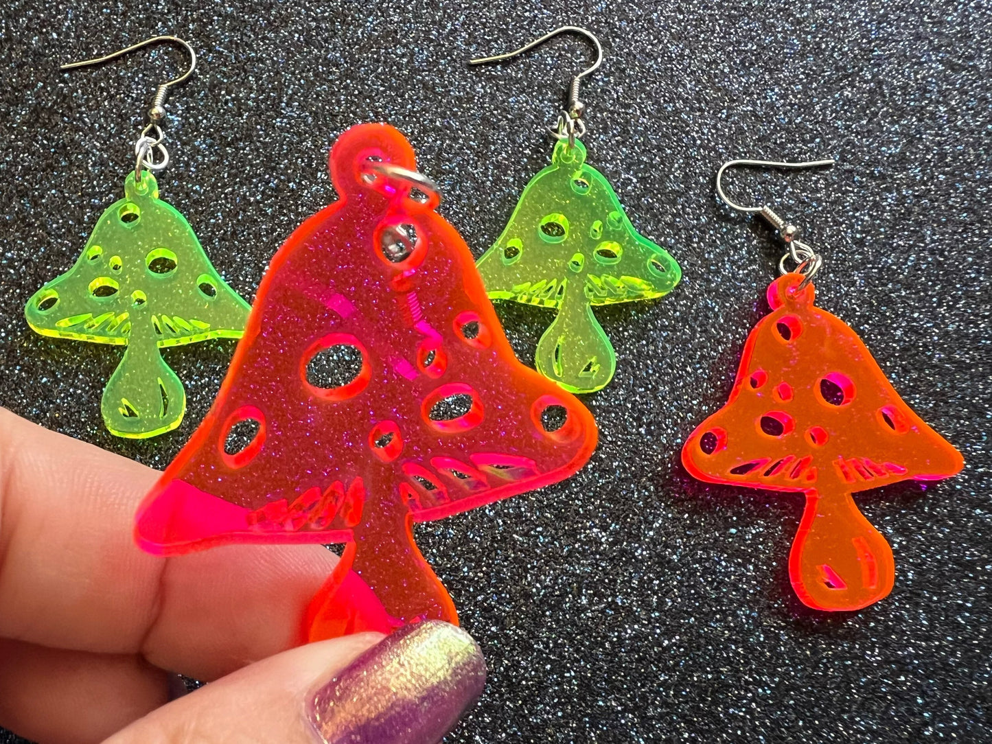 Neon Mushroom Earrings: Amanita Mushies, Party, Mycology, Psychedelic Mushroom Jewelry, Laser Cut Acrylic, Best Gifts for Her/Him/Them