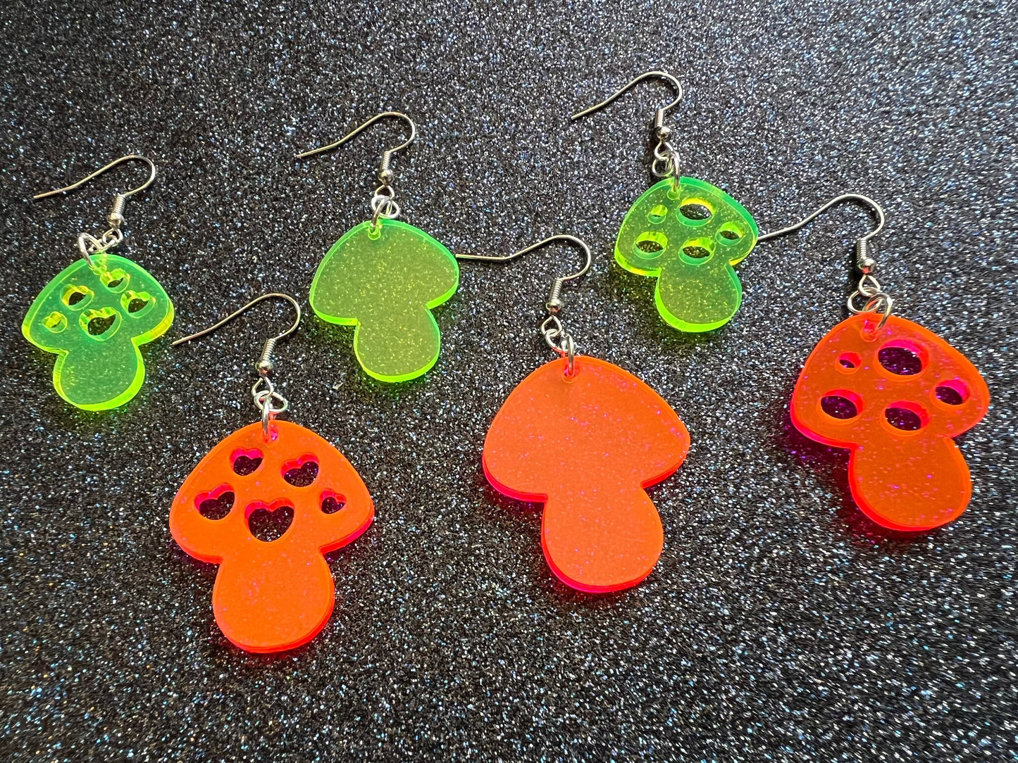 Neon Mushroom Earrings: Amanita Mushies, Party, Mycology, Psychedelic Mushroom Jewelry, Laser Cut Acrylic, Gifts for Her/Him/Them