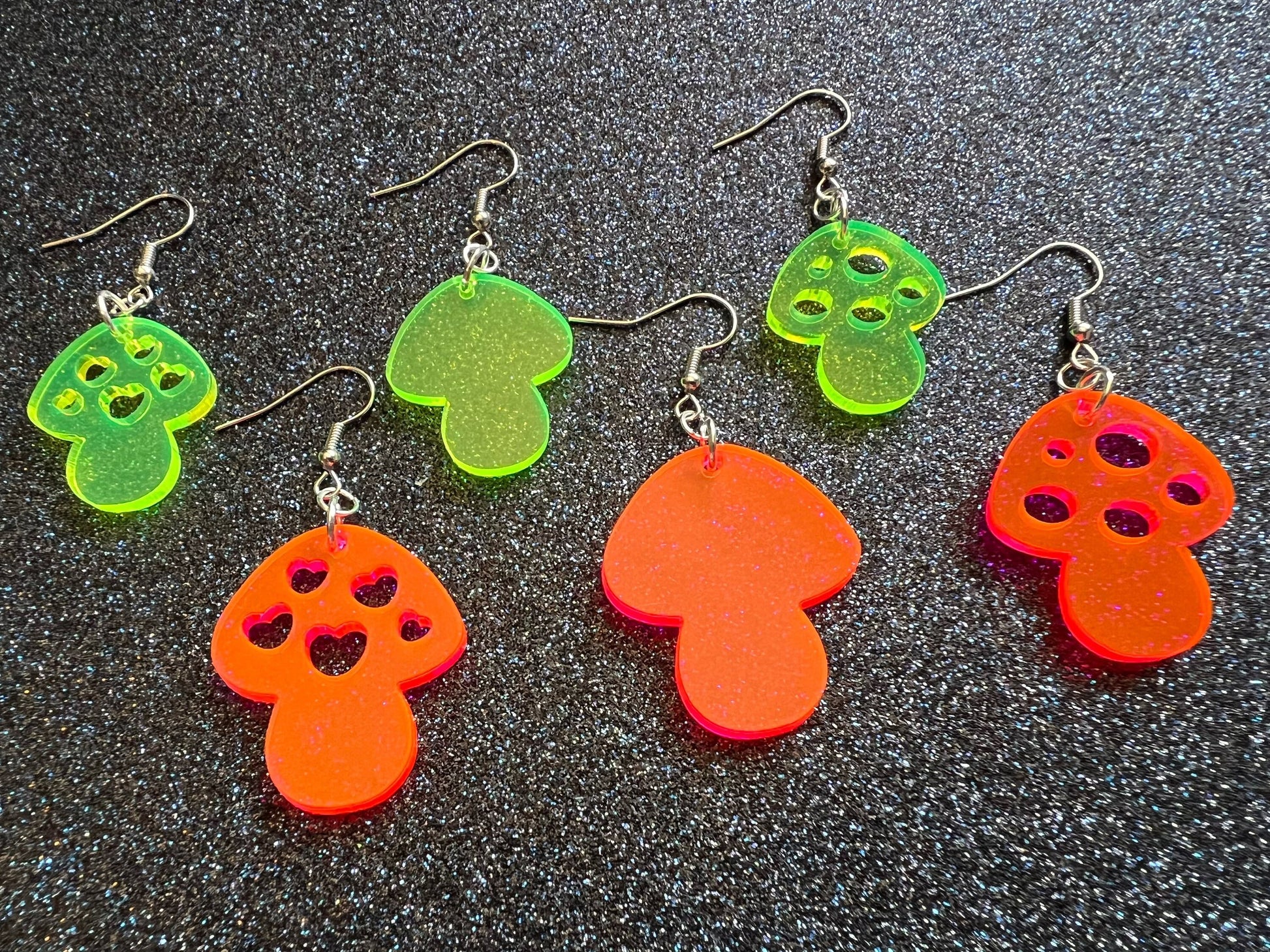 Neon Mushroom Earrings: Amanita Mushies, Party, Mycology, Psychedelic Mushroom Jewelry, Laser Cut Acrylic, Gifts for Her/Him/Them