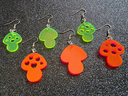 Neon Mushroom Earrings: Amanita Mushies, Party, Mycology, Psychedelic Mushroom Jewelry, Laser Cut Acrylic, Gifts for Her/Him/Them
