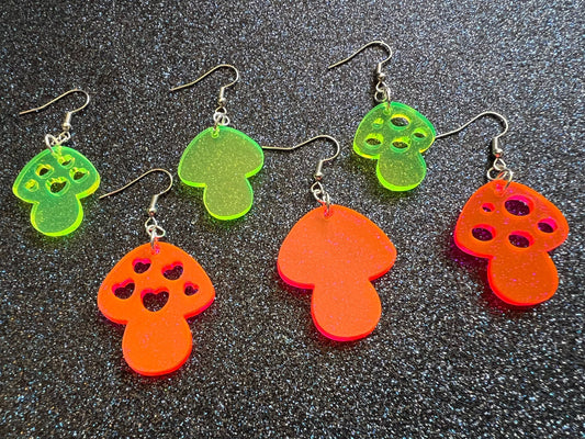 Neon Mushroom Earrings: Amanita Mushies, Party, Mycology, Psychedelic Mushroom Jewelry, Laser Cut Acrylic, Gifts for Her/Him/Them