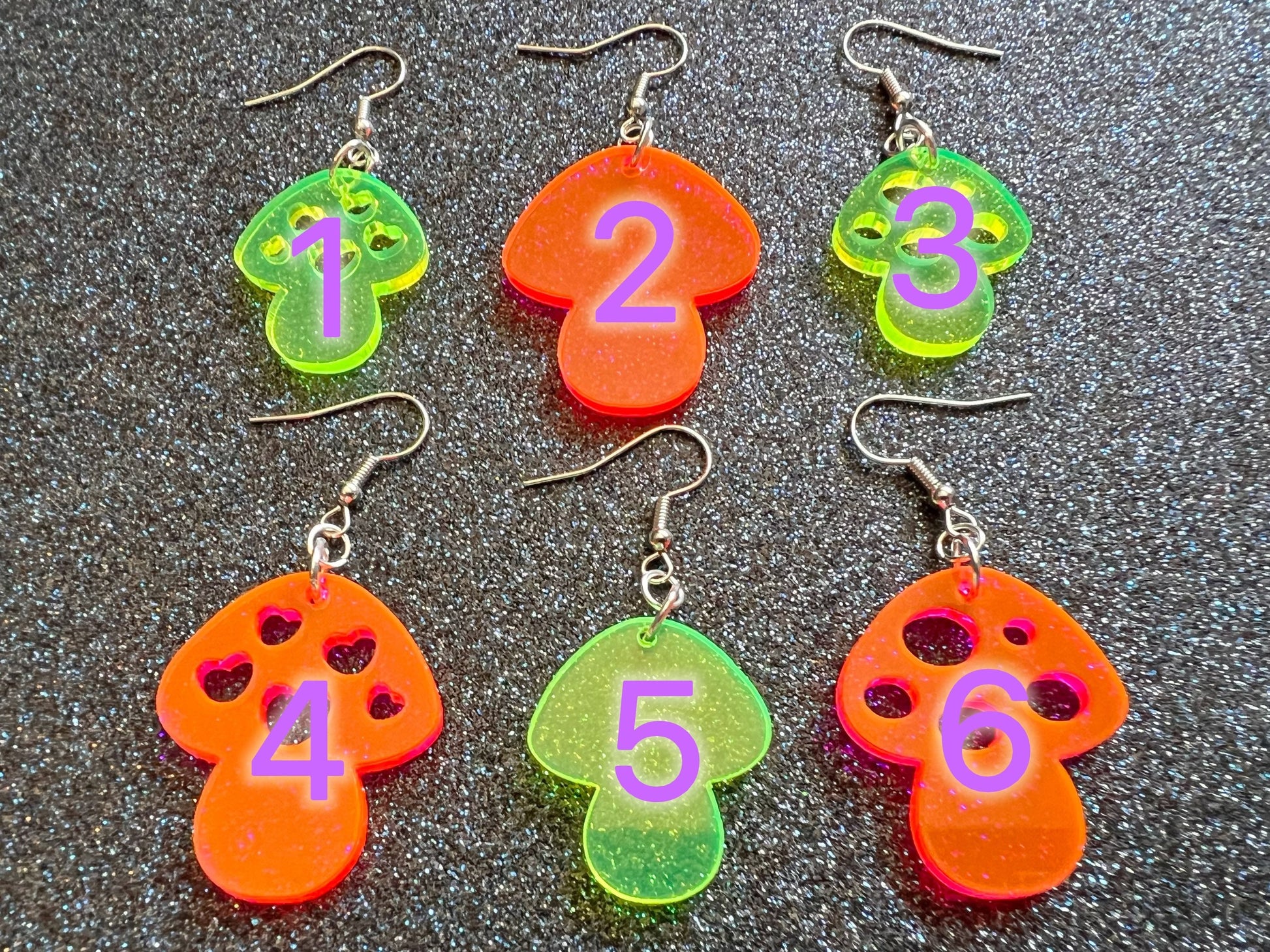 Neon Mushroom Earrings: Amanita Mushies, Party, Mycology, Psychedelic Mushroom Jewelry, Laser Cut Acrylic, Gifts for Her/Him/Them