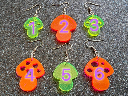 Neon Mushroom Earrings: Amanita Mushies, Party, Mycology, Psychedelic Mushroom Jewelry, Laser Cut Acrylic, Gifts for Her/Him/Them
