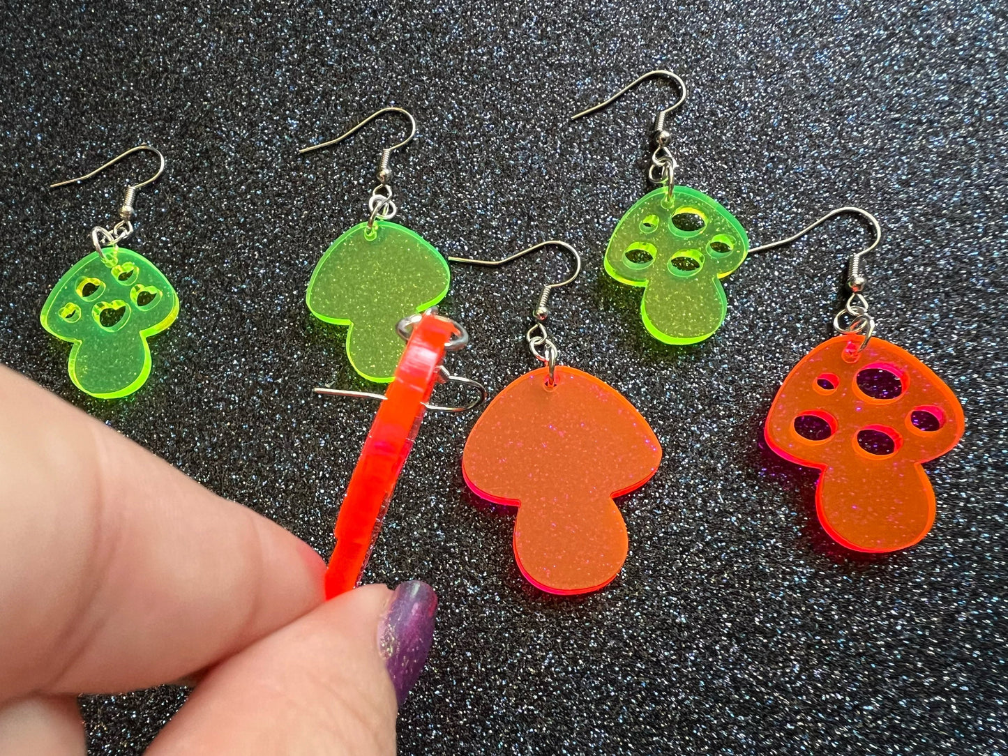 Neon Mushroom Earrings: Amanita Mushies, Party, Mycology, Psychedelic Mushroom Jewelry, Laser Cut Acrylic, Gifts for Her/Him/Them