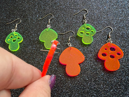 Neon Mushroom Earrings: Amanita Mushies, Party, Mycology, Psychedelic Mushroom Jewelry, Laser Cut Acrylic, Gifts for Her/Him/Them
