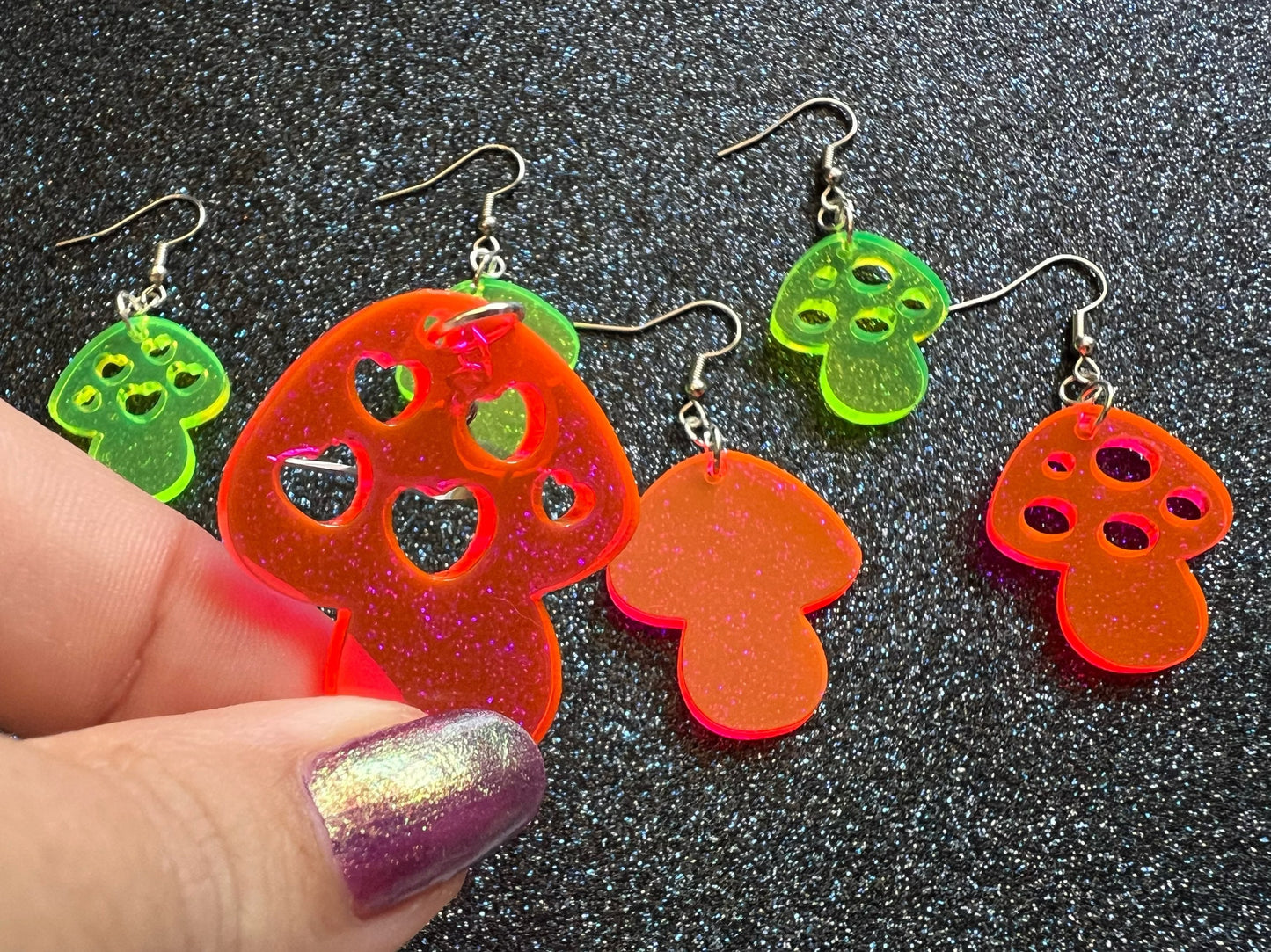 Neon Mushroom Earrings: Amanita Mushies, Party, Mycology, Psychedelic Mushroom Jewelry, Laser Cut Acrylic, Gifts for Her/Him/Them