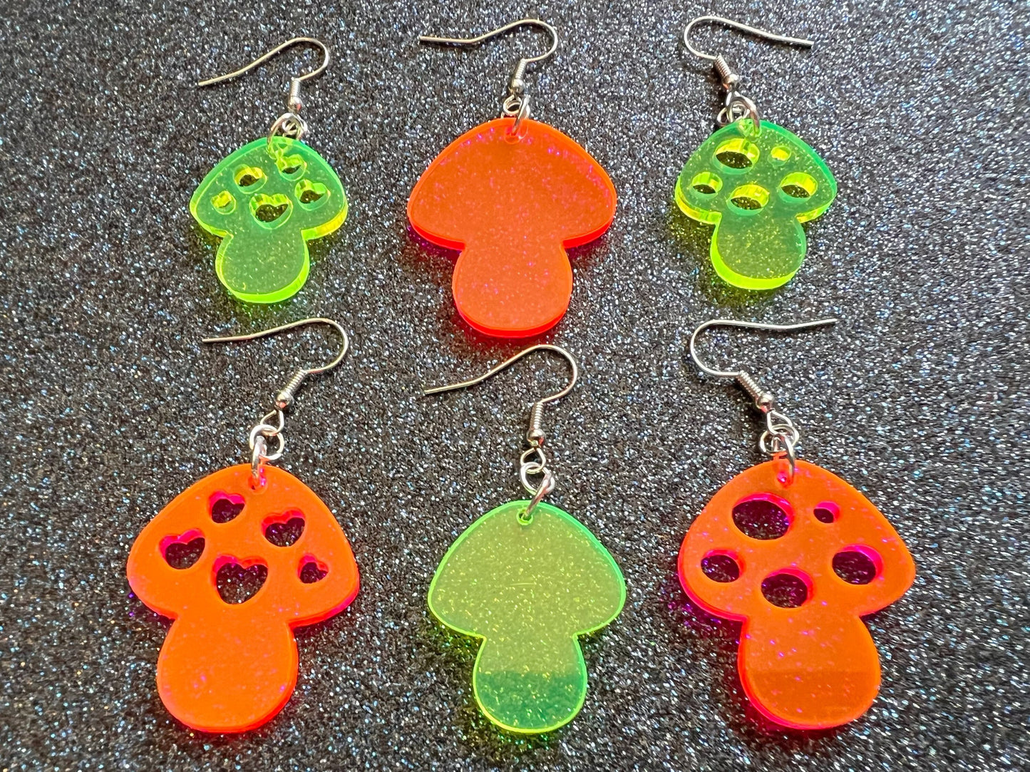 Neon Mushroom Earrings: Amanita Mushies, Party, Mycology, Psychedelic Mushroom Jewelry, Laser Cut Acrylic, Gifts for Her/Him/Them