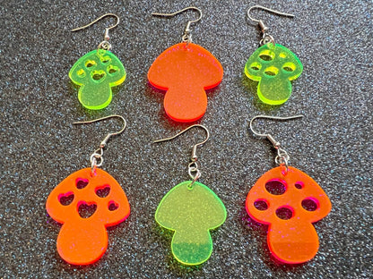 Neon Mushroom Earrings: Amanita Mushies, Party, Mycology, Psychedelic Mushroom Jewelry, Laser Cut Acrylic, Gifts for Her/Him/Them