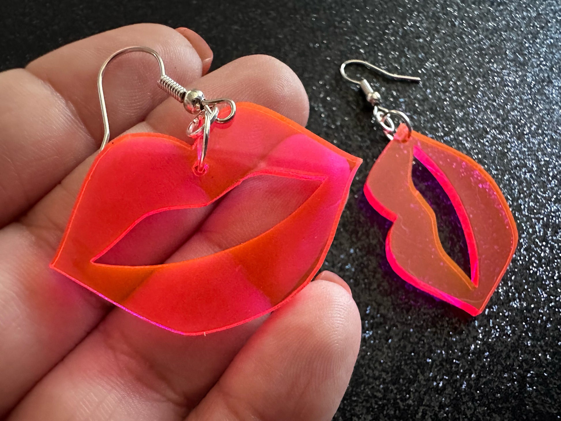 Neon Pink Lip Earrings: Laser Cut Acrylic Lips, Makeup, Girl, Woman, Love, Kiss, Cute, Valentines, Anniversary, Best Gifts for Her/Him/Them