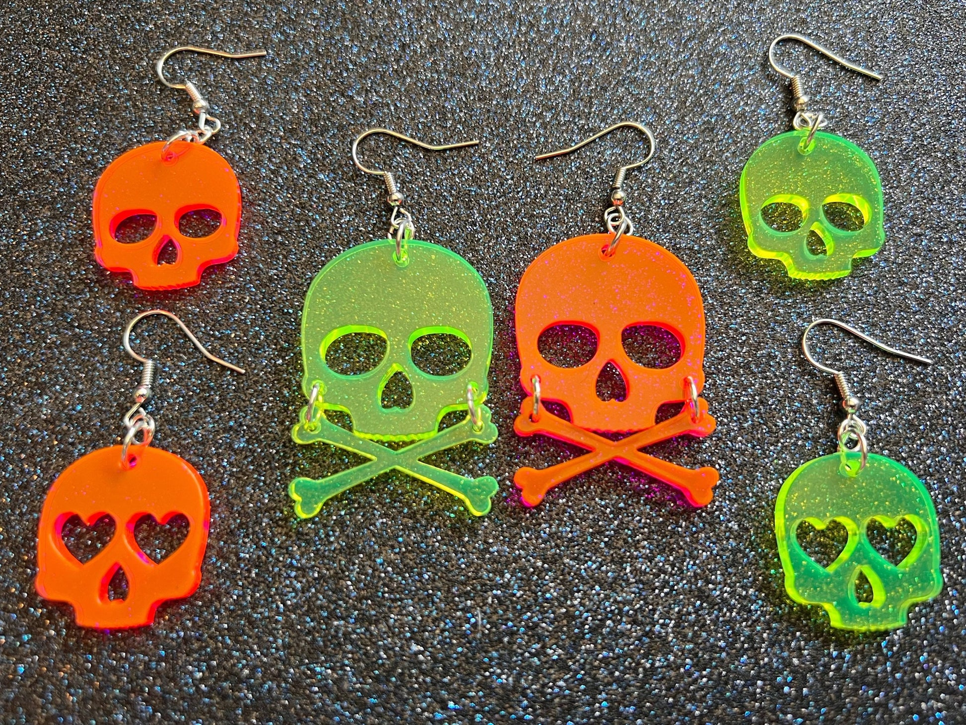 Neon Skull Earrings with Heart: Laser Cut Acrylic Skulls, Halloween, Cross Bones, Psychedelic, Novelty Gifts, Best Gift for Her/Him/Them