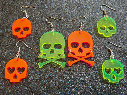 Neon Skull Earrings with Heart: Laser Cut Acrylic Skulls, Halloween, Cross Bones, Psychedelic, Novelty Gifts, Best Gift for Her/Him/Them