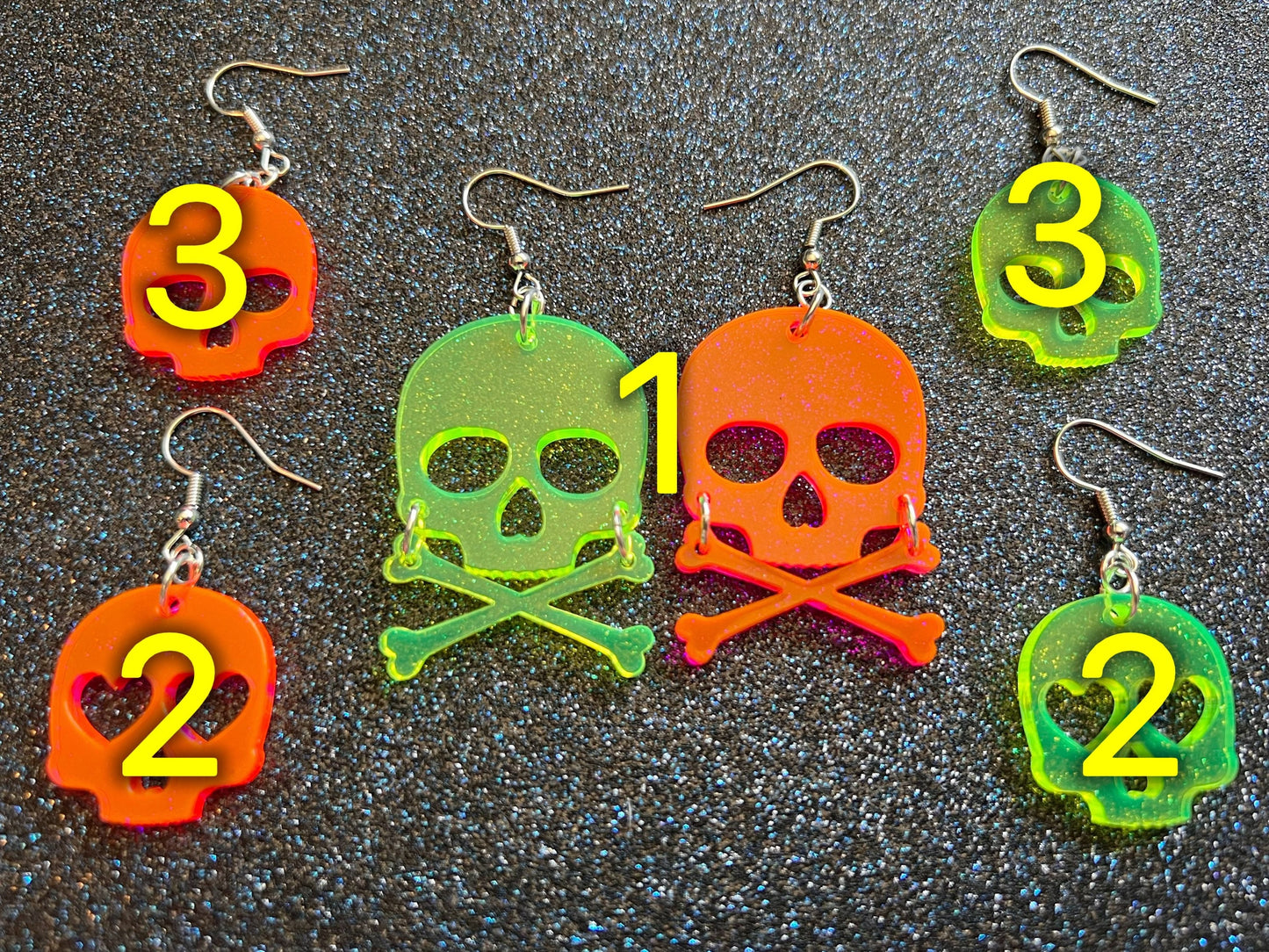 Neon Skull Earrings with Heart: Laser Cut Acrylic Skulls, Halloween, Cross Bones, Psychedelic, Novelty Gifts, Best Gift for Her/Him/Them