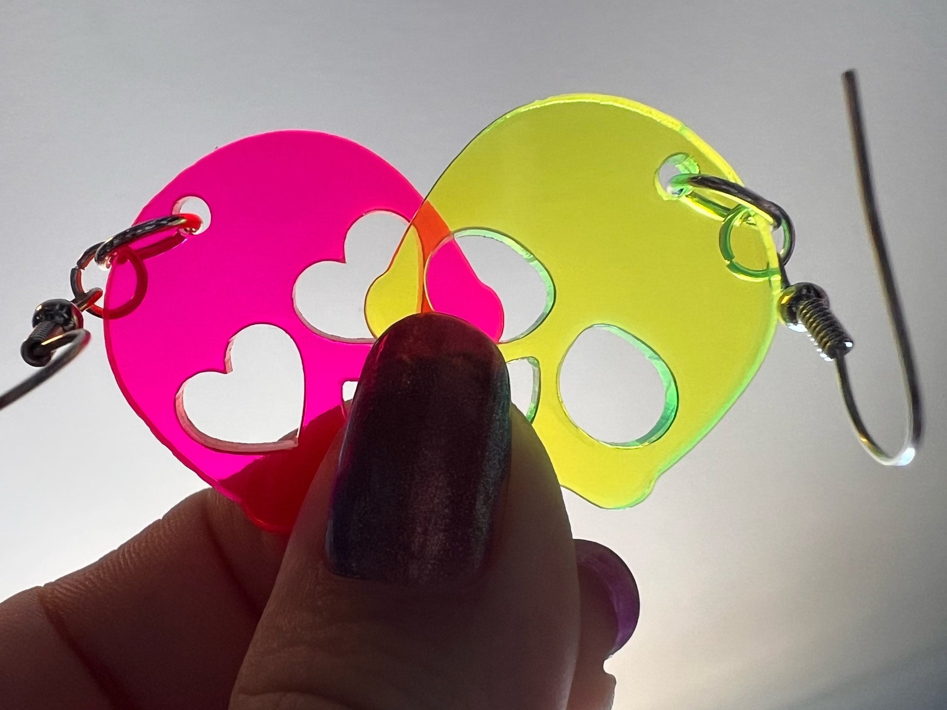 Neon Skull Earrings with Heart: Laser Cut Acrylic Skulls, Halloween, Cross Bones, Psychedelic, Novelty Gifts, Best Gift for Her/Him/Them