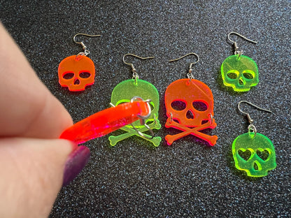 Neon Skull Earrings with Heart: Laser Cut Acrylic Skulls, Halloween, Cross Bones, Psychedelic, Novelty Gifts, Best Gift for Her/Him/Them