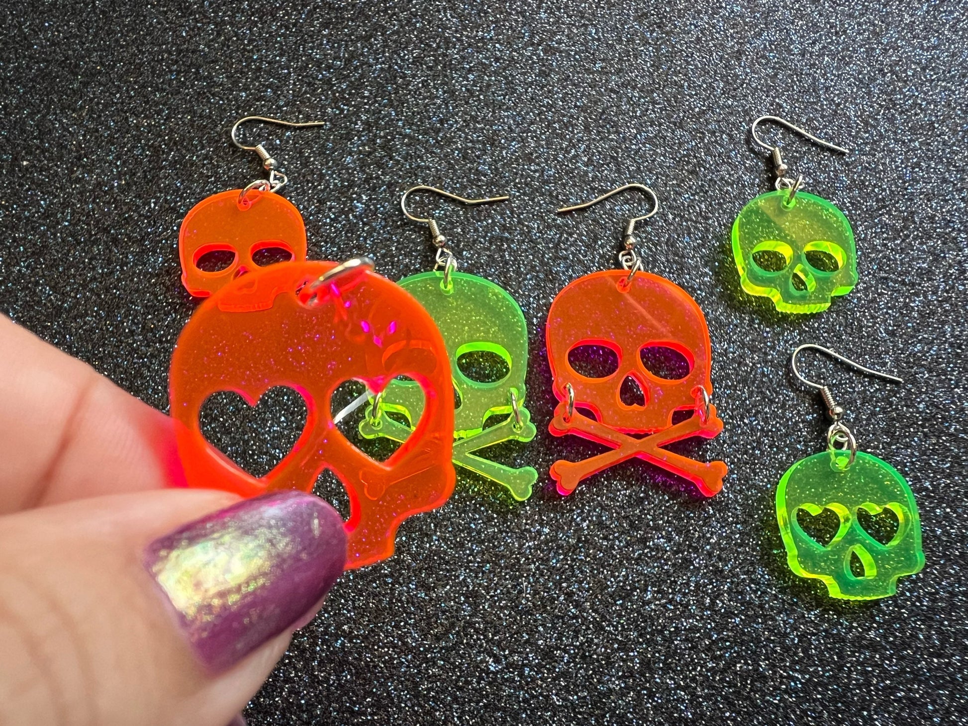 Neon Skull Earrings with Heart: Laser Cut Acrylic Skulls, Halloween, Cross Bones, Psychedelic, Novelty Gifts, Best Gift for Her/Him/Them