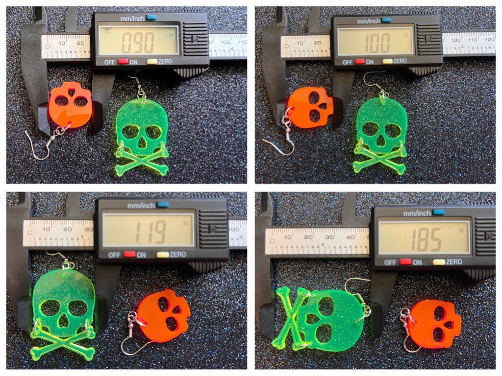 Neon Skull Earrings with Heart: Laser Cut Acrylic Skulls, Halloween, Cross Bones, Psychedelic, Novelty Gifts, Best Gift for Her/Him/Them