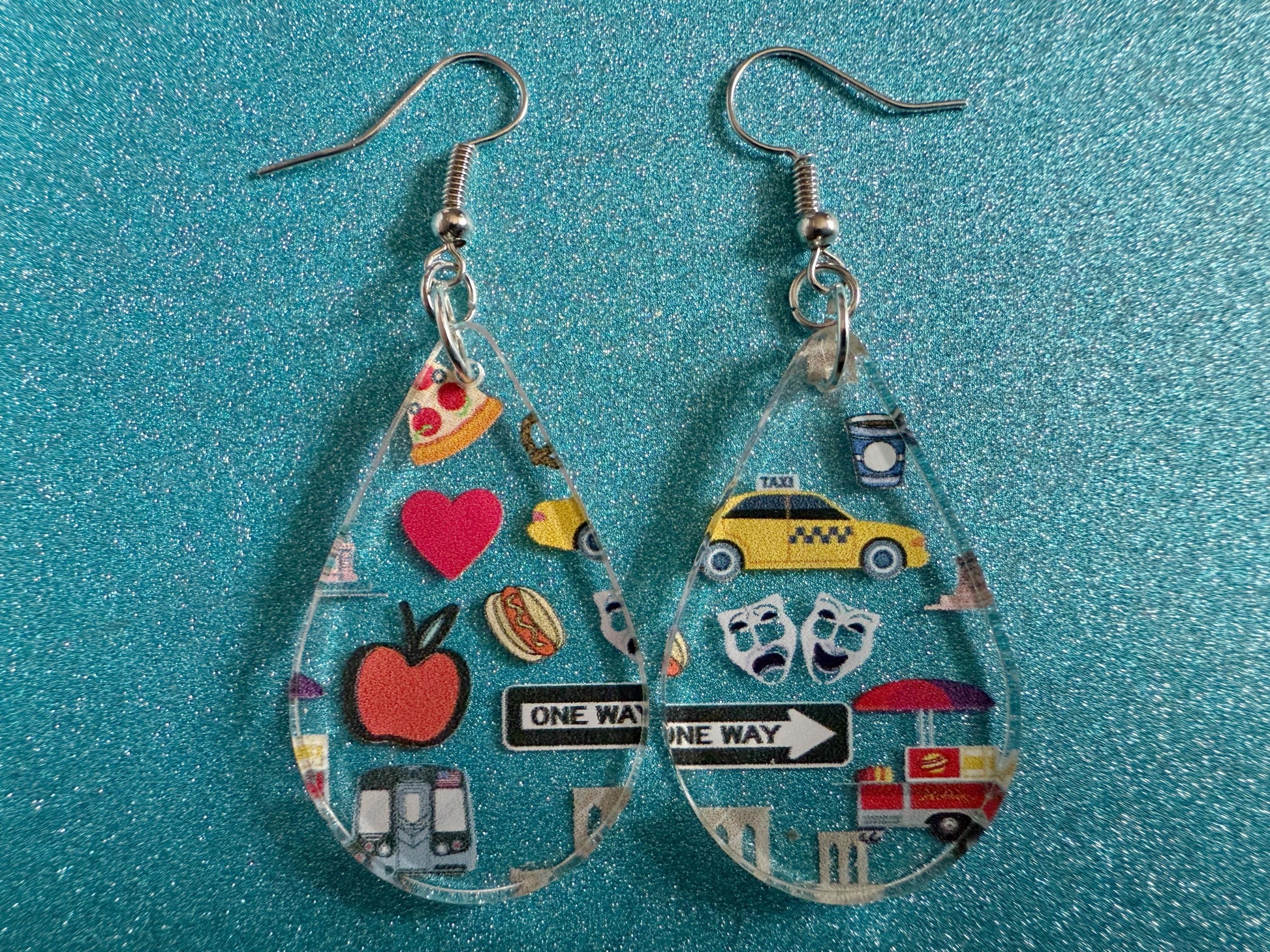 New York City Earrings: Laser Cut Acrylic NYC Earrings, Big Apple, Yellow Taxi Cabs, Pizza, Hot Dog, Novelty, Best Gifts for Her/Him/Them