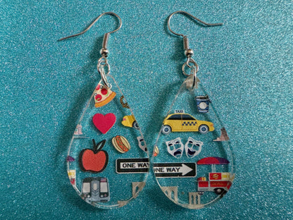 New York City Earrings: Laser Cut Acrylic NYC Earrings, Big Apple, Yellow Taxi Cabs, Pizza, Hot Dog, Novelty, Best Gifts for Her/Him/Them