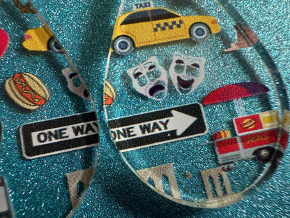 New York City Earrings: Laser Cut Acrylic NYC Earrings, Big Apple, Yellow Taxi Cabs, Pizza, Hot Dog, Novelty, Best Gifts for Her/Him/Them