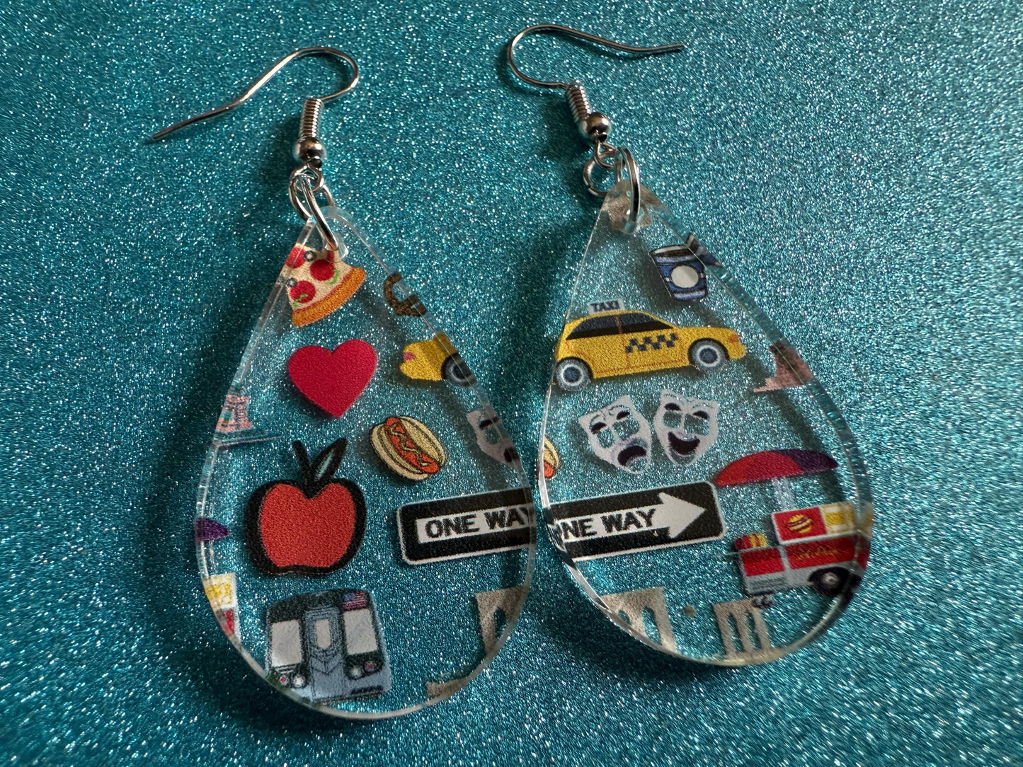 New York City Earrings: Laser Cut Acrylic NYC Earrings, Big Apple, Yellow Taxi Cabs, Pizza, Hot Dog, Novelty, Best Gifts for Her/Him/Them