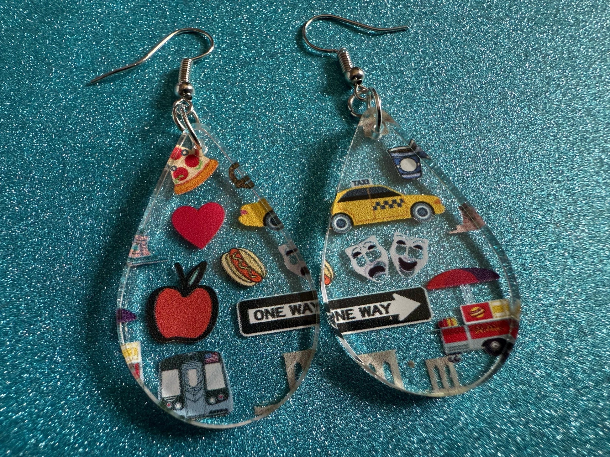 New York City Earrings: Laser Cut Acrylic NYC Earrings, Big Apple, Yellow Taxi Cabs, Pizza, Hot Dog, Novelty, Best Gifts for Her/Him/Them