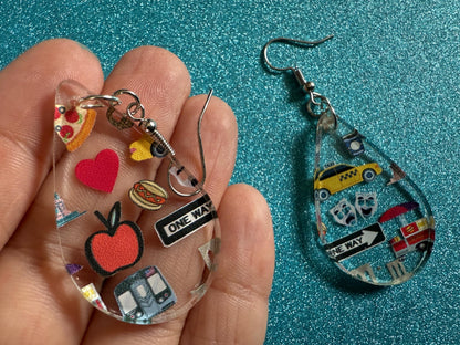 New York City Earrings: Laser Cut Acrylic NYC Earrings, Big Apple, Yellow Taxi Cabs, Pizza, Hot Dog, Novelty, Best Gifts for Her/Him/Them