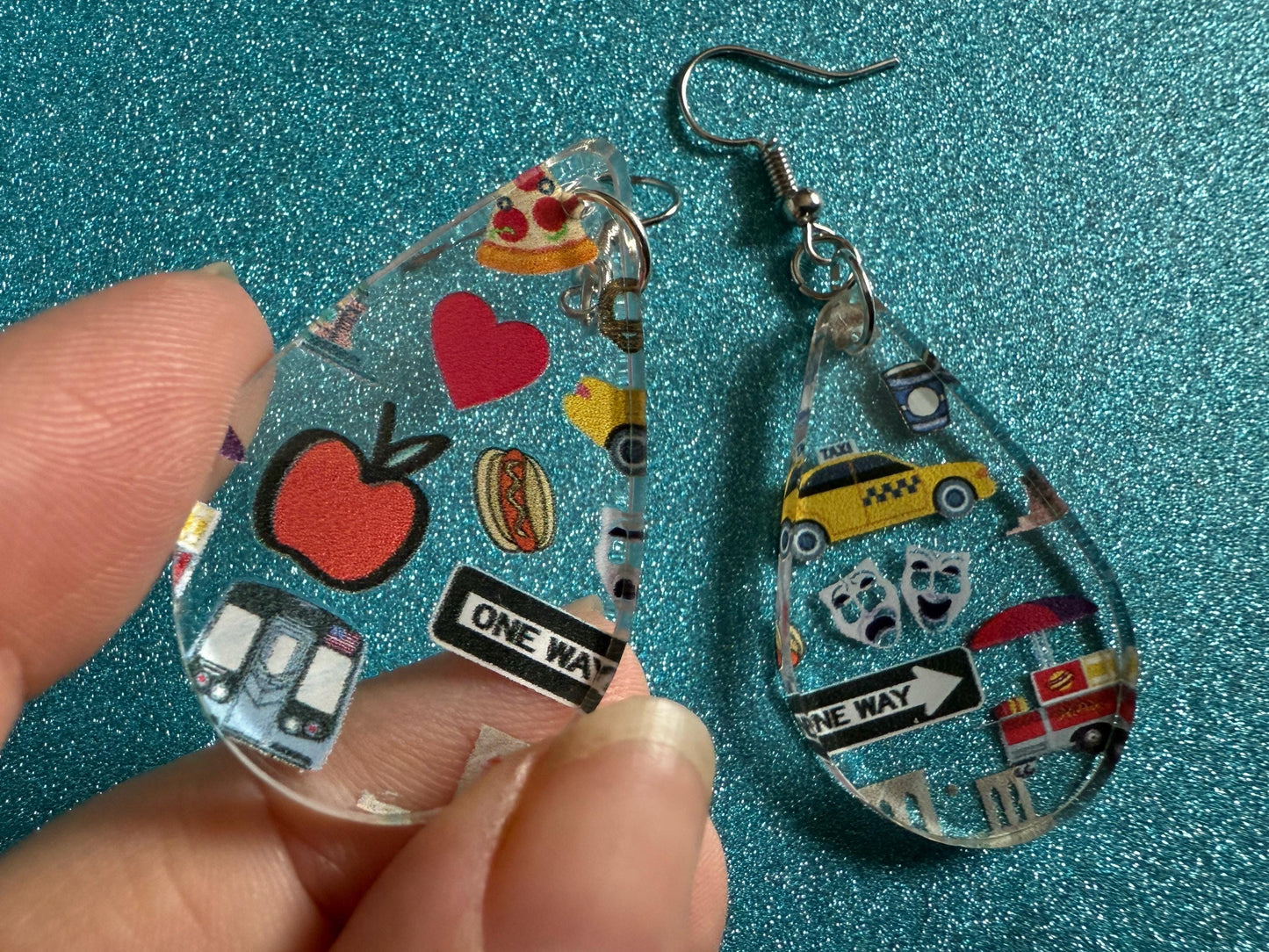 New York City Earrings: Laser Cut Acrylic NYC Earrings, Big Apple, Yellow Taxi Cabs, Pizza, Hot Dog, Novelty, Best Gifts for Her/Him/Them