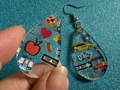 New York City Earrings: Laser Cut Acrylic NYC Earrings, Big Apple, Yellow Taxi Cabs, Pizza, Hot Dog, Novelty, Best Gifts for Her/Him/Them