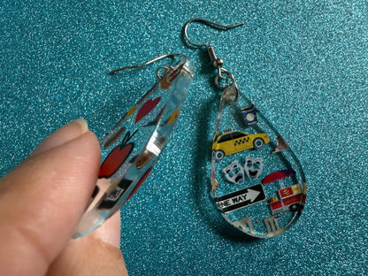 New York City Earrings: Laser Cut Acrylic NYC Earrings, Big Apple, Yellow Taxi Cabs, Pizza, Hot Dog, Novelty, Best Gifts for Her/Him/Them
