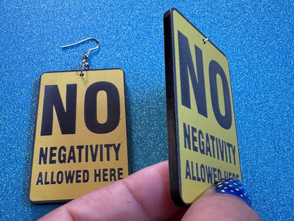 No Negativity Sign Earrings: Laser Cut Acrylic Signs, Black and Yellow Signs, Positivity Happy, Novelty, Best Gifts for Her/Him/Them