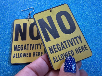 No Negativity Sign Earrings: Laser Cut Acrylic Signs, Black and Yellow Signs, Positivity Happy, Novelty, Best Gifts for Her/Him/Them