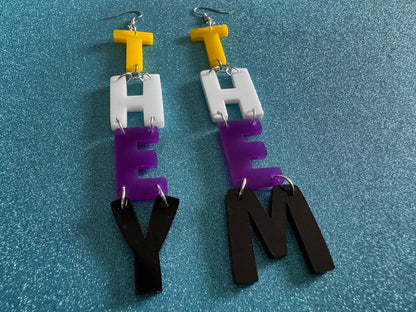 Nonbinary Earrings: They, Them, Gender, Identity, Nonbinary Flag Colors, Pride, Laser Cut Acrylic LGBTQIA2S+, Gifts for Her/Him/Them