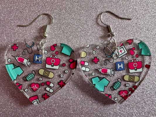 Nurse Earrings: Laser Cut Acrylic Hospital Theme Earrings, Medical, Heart Zone, Nurse, Doctor, Syringe, Bandaid, Best Gifts for Her/Him/Them