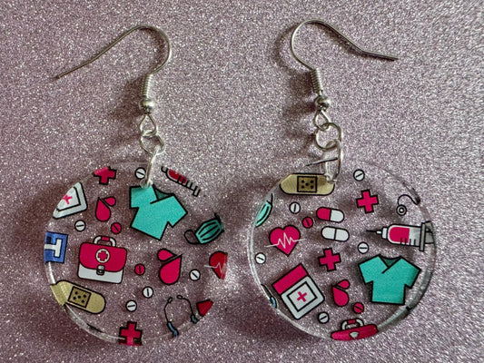 Nurse Earrings: Laser Cut Acrylic Hospital Theme Earrings, Medical, Heart Zone, Nurse, Doctor, Syringe, Bandaid, Best Gifts for Her/Him/Them