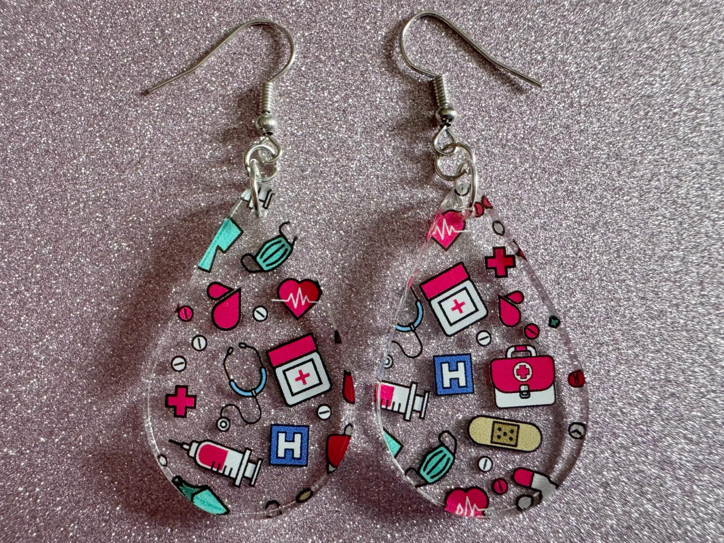 Nurse Earrings: Laser Cut Acrylic Hospital Theme Earrings, Medical, Heart Zone, Nurse, Doctor, Syringe, Bandaid, Best Gifts for Her/Him/Them