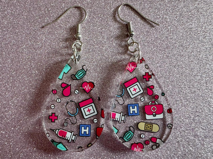 Nurse Earrings: Laser Cut Acrylic Hospital Theme Earrings, Medical, Heart Zone, Nurse, Doctor, Syringe, Bandaid, Best Gifts for Her/Him/Them