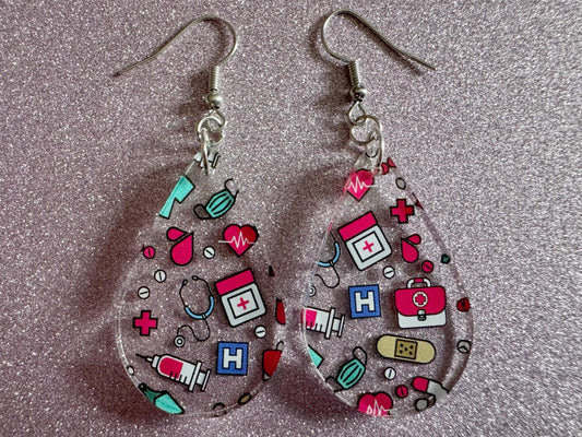 Nurse Earrings: Laser Cut Acrylic Hospital Theme Earrings, Medical, Heart Zone, Nurse, Doctor, Syringe, Bandaid, Best Gifts for Her/Him/Them