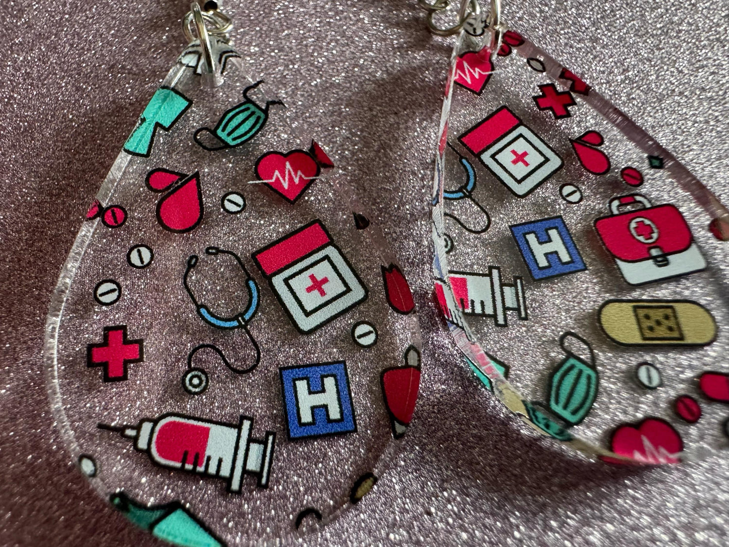 Nurse Earrings: Laser Cut Acrylic Hospital Theme Earrings, Medical, Heart Zone, Nurse, Doctor, Syringe, Bandaid, Best Gifts for Her/Him/Them