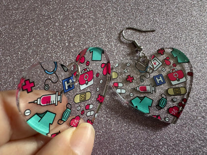 Nurse Earrings: Laser Cut Acrylic Hospital Theme Earrings, Medical, Heart Zone, Nurse, Doctor, Syringe, Bandaid, Best Gifts for Her/Him/Them