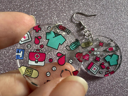 Nurse Earrings: Laser Cut Acrylic Hospital Theme Earrings, Medical, Heart Zone, Nurse, Doctor, Syringe, Bandaid, Best Gifts for Her/Him/Them