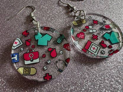 Nurse Earrings: Laser Cut Acrylic Hospital Theme Earrings, Medical, Heart Zone, Nurse, Doctor, Syringe, Bandaid, Best Gifts for Her/Him/Them