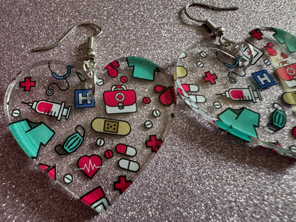 Nurse Earrings: Laser Cut Acrylic Hospital Theme Earrings, Medical, Heart Zone, Nurse, Doctor, Syringe, Bandaid, Best Gifts for Her/Him/Them
