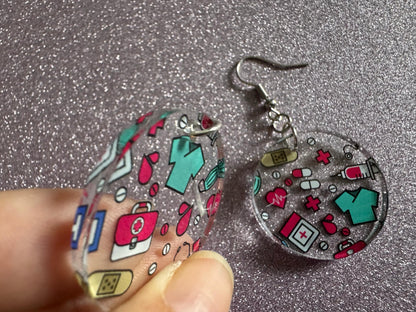 Nurse Earrings: Laser Cut Acrylic Hospital Theme Earrings, Medical, Heart Zone, Nurse, Doctor, Syringe, Bandaid, Best Gifts for Her/Him/Them