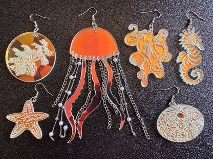 Ocean Creature Earrings: Laser Cut Acrylic Octopuses, Sea Urchins, Horses, Fish, Sea Dragons, Starfishes, Jellyfish, Gifts for Her/Him/Them